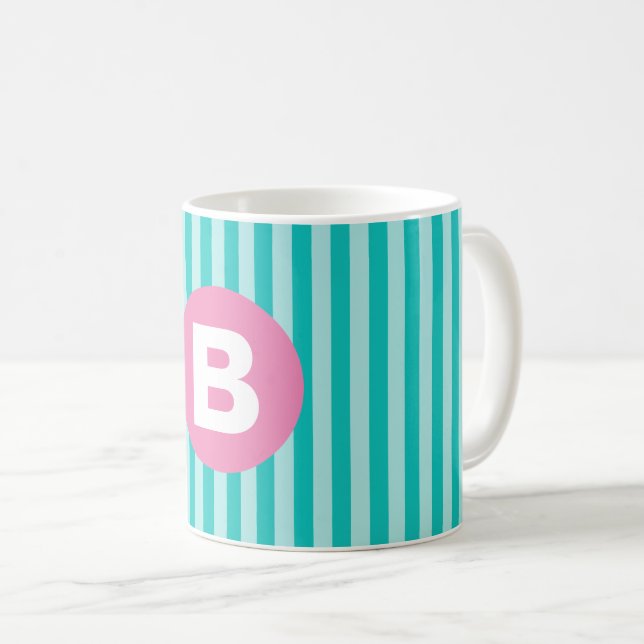Caneca De Café Teal Blue Vertical Striped Pink Circle Monogram (Frente Esquerda)