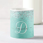Caneca De Café Teal Brugado Metal Silver Glitter Nome Monograma<br><div class="desc">Personalize facilmente esta trendy design de caneca de café com cinza bonito com brilho cinza em um fundo metálico escovado teal.</div>