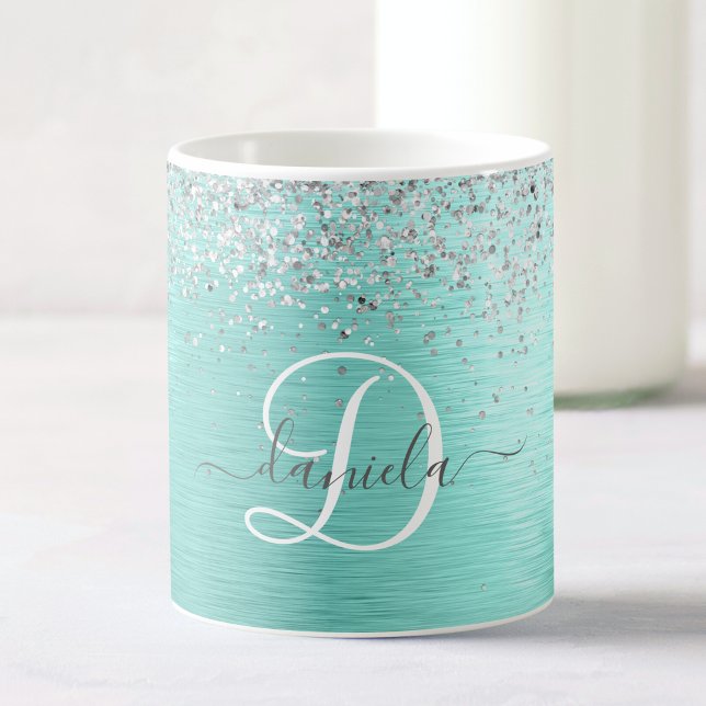 Caneca De Café Teal Brugado Metal Silver Glitter Nome Monograma (Criador carregado)