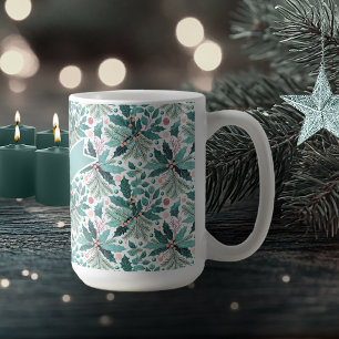 Caneca De Café Teal Christmas Holly Berries Pattern#17 ID1009