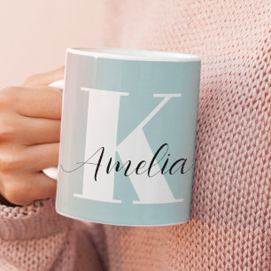 Caneca De Café Teal de Script do Monograma Chic