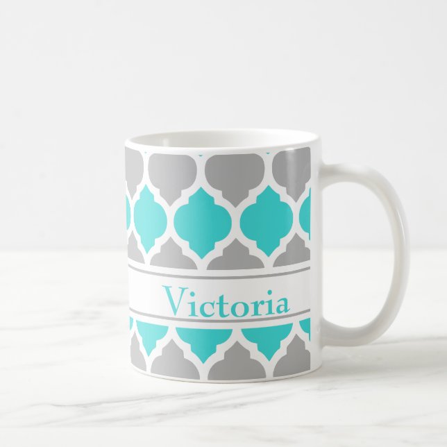 Caneca De Café Teal e Cinza do marroquino Trellis Pattern (Direita)