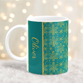 Caneca De Café Teal e Dourado Flocos de Neve, Mug de Natal com No