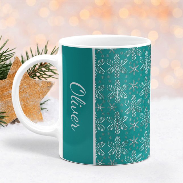 Caneca De Café Teal e Prata Flocos de Neve Flocos de Natal Mug co (Criador carregado)