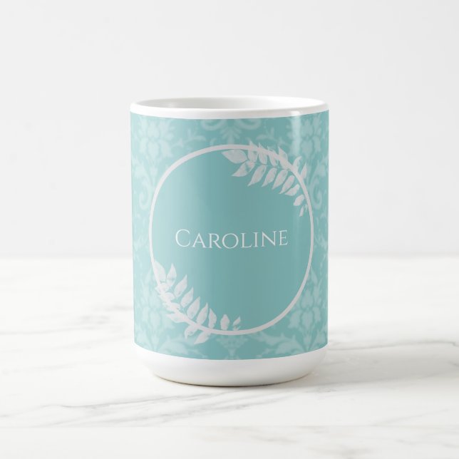 Caneca De Café Teal Elegant Damask Personalizado Coffee Mug (Centro)