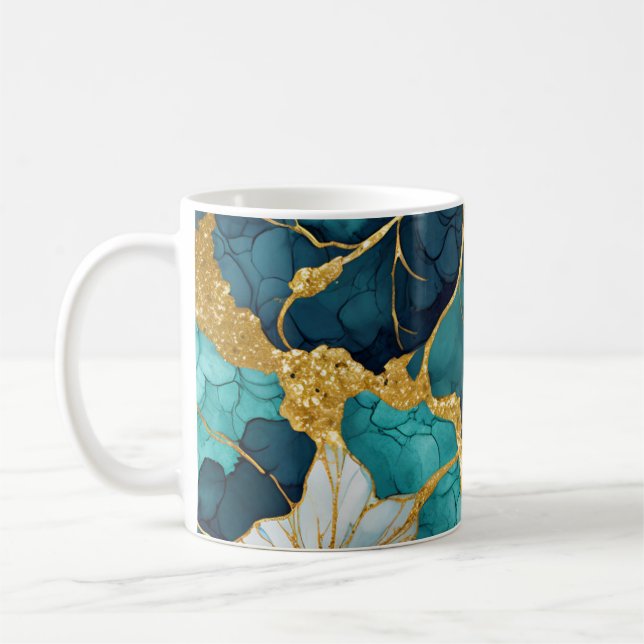 Caneca De Café Teal Floral Japonês Dourado (Esquerda)
