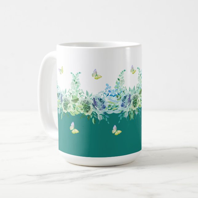 Caneca De Café Teal Green Butterflies Floral Mug (Frente Esquerda)
