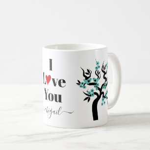 Caneca De Café Teal Love bird sakura cerejeira e flor
