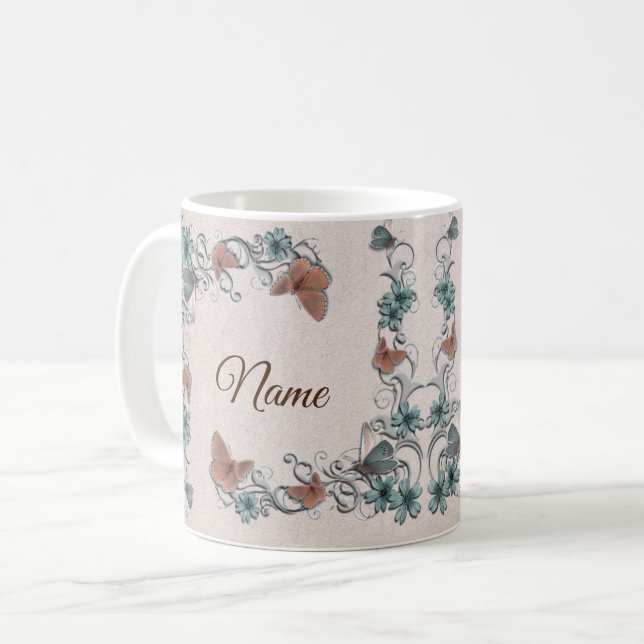 Caneca De Café Teal Silver Floral Copper Butterfly Tan Wedding (Frente Esquerda)