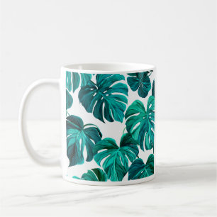 Caneca De Café Teal Tropical Monstera Leaf Seamless Pattern Art