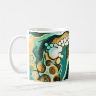 Caneca De Café Teal, Turquesa, Dourada, Arte Líquida Branca