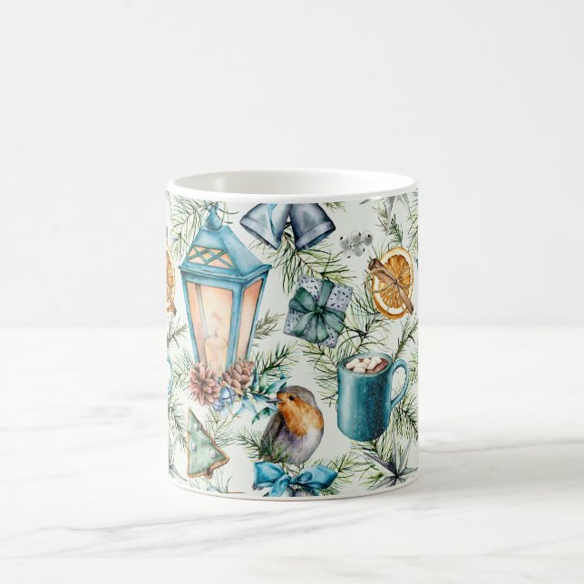 Caneca De Café Teal Watercolor Christmas Elements Pattern (Centro)
