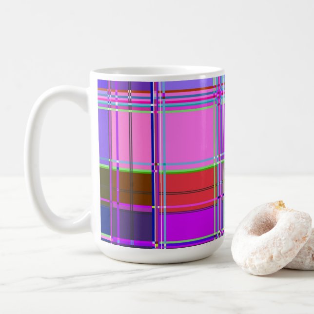Caneca De Café Tecido Xadrez Rosa Padrão de Tecido Madras (Com Donut)