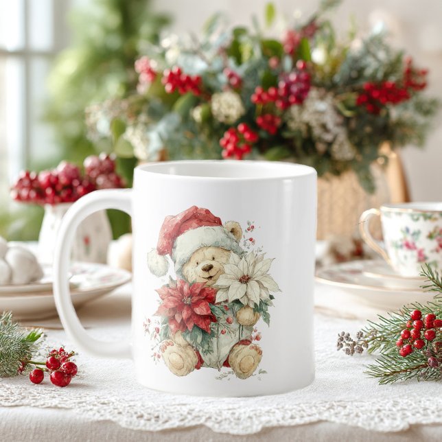 Caneca De Café Teddy bear Santa Claus with Christmas flowers (Criador carregado)