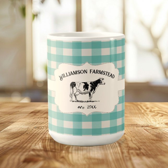 Caneca De Café Téfalo Xadrez de búfalo - coca de café (Teal Buffalo Plaid Farm Cow Coffee Mug)