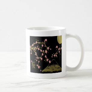Caneca De Café Tela Japonesa Rosa Sakura Dourado Preto