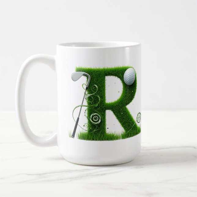Caneca De Café Tema de Golfe com Letras em Grama, Bolas e Tacos (Esquerda)