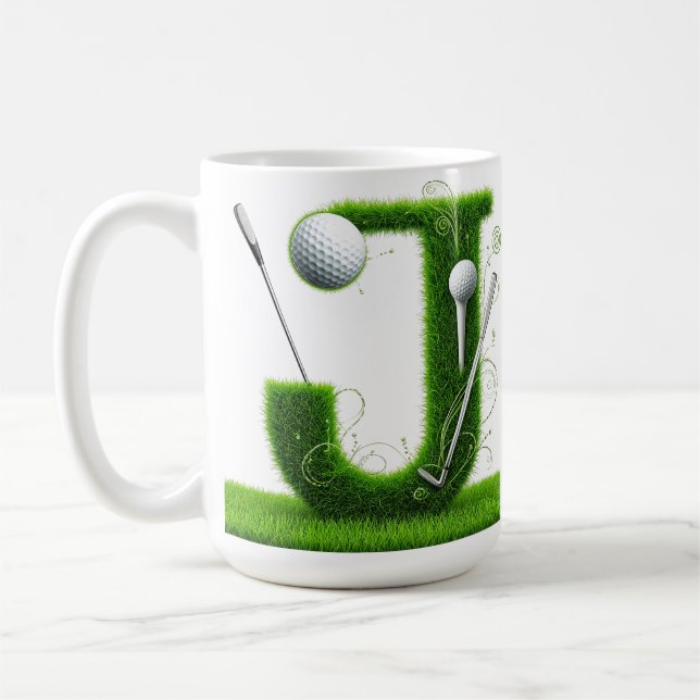 Caneca De Café Tema de Golfe com Letras em Grama, Bolas e Tacos (Esquerda)