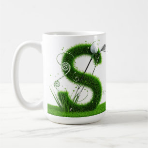 Caneca De Café Tema de Golfe com Letras em Grama, Bolas e Tacos