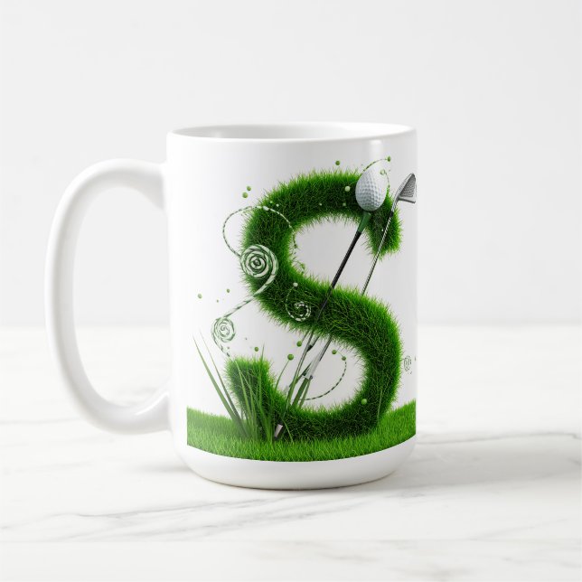 Caneca De Café Tema de Golfe com Letras em Grama, Bolas e Tacos (Esquerda)