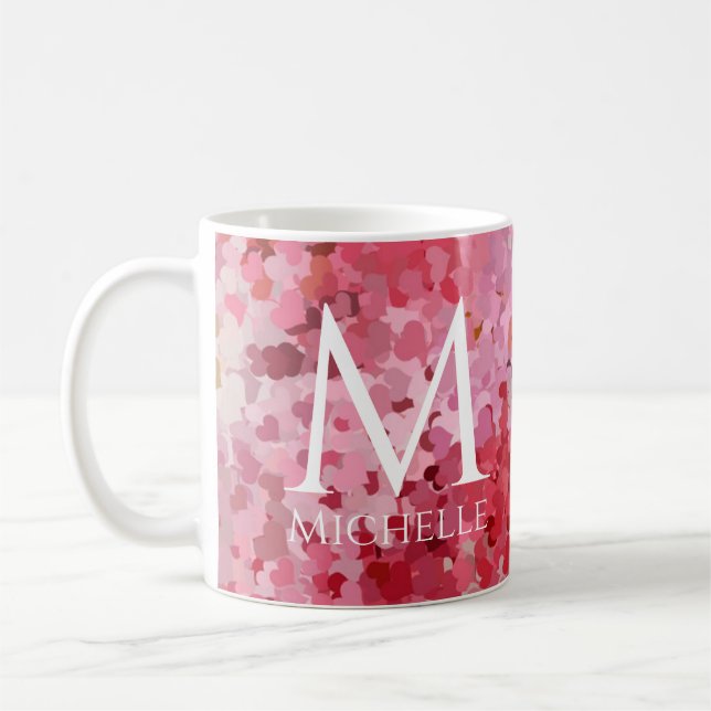 Caneca De Café Tendy Pink Red Hearts Modelo Monograma Inicial (Esquerda)