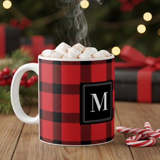Caneca De Café Tendy Red e Black Buffalo Xadrez Monogramada (Trendy Red & Black Buffalo Plaid Monogrammed Coffee Mug - Just Add Your Personal Monogram or Initial)