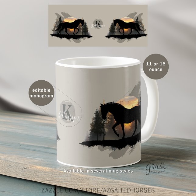 Caneca De Café Tennessee Walking Horse Sunset Silhouette Monogram (Mug design with black Tennessee Walking Horse silhouette in  front of a trees with sunset, monogram.)