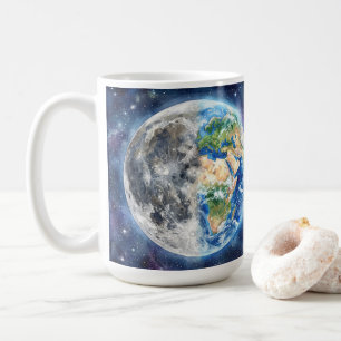 Caneca De Café Terra & Lua Aquarela Galáxia Design Celestial