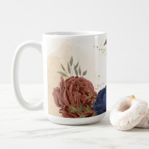 Caneca De Café terracota azul marinho floral verdejante