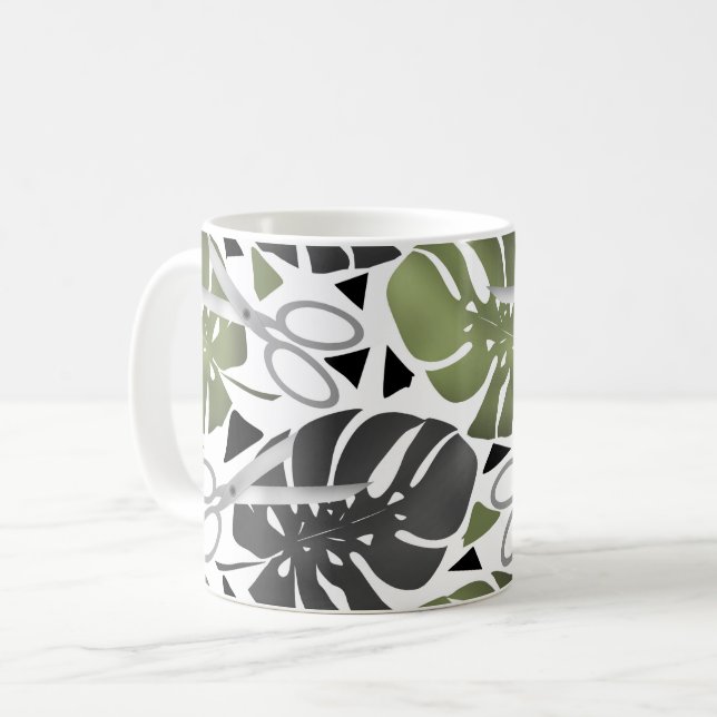 Caneca De Café tesoura de folhas de monstera de estampa tropical  (Frente Esquerda)