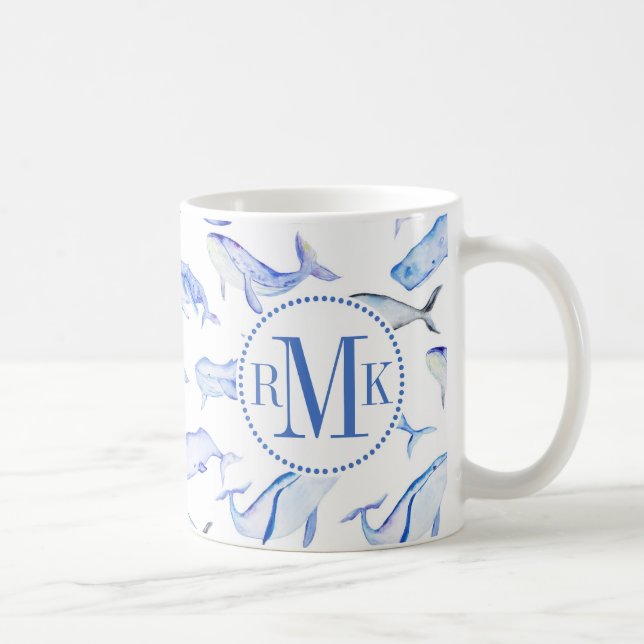 Caneca De Café Teste padrão da baleia azul da aguarela (Direita)