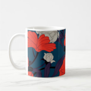 Caneca De Café Teste padrão floral azul & vermelho elegante