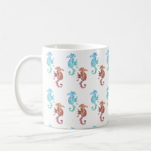 Caneca De Café Teste padrão vermelho e azul dos cavalos marinhos