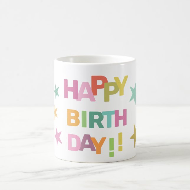 Caneca De Café Texto colorido e estrelas Feliz aniversário (Centro)