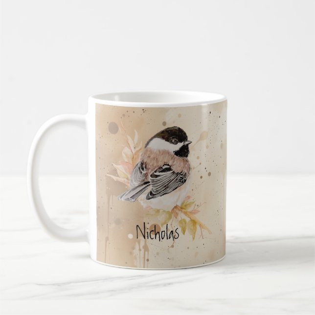 Caneca De Café Texto de Nome Personalizado Chickadee Pássaro Aqua (Esquerda)