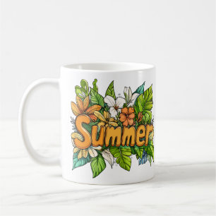 Caneca De Café Texto de Verão - Design Floral de Verão