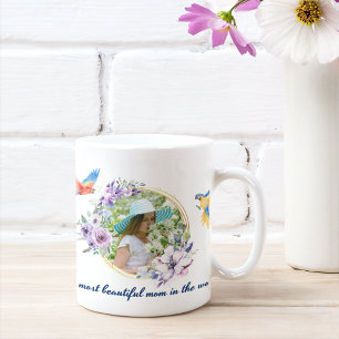 Caneca De Café Texto e Foto Botânica Floral de Cores Aquáticas