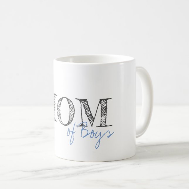 Caneca De Café Texto moderno Mãe dos Meninos Cinza Azul Bebê (Frente Esquerda)