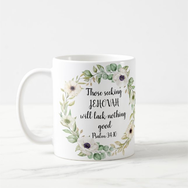 Caneca De Café Texto personalizado 2022 JW ano Psalm 34:10 (Esquerda)