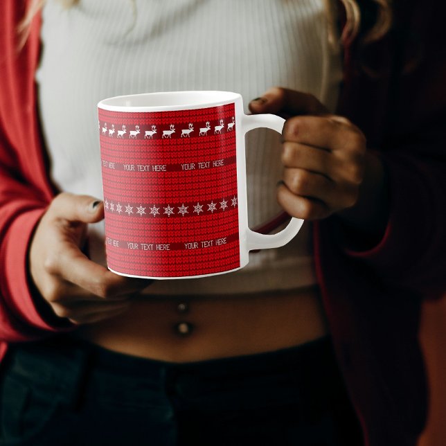Caneca De Café Texto Personalizado de Natal Vermelho Branco Maldi (Christmas Custom Text Red White Knitted Sweater Coffee Mug)
