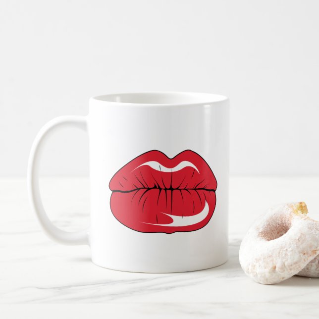 Caneca De Café Texto Personalizado Lábios Vermelhos Divertidos Bo (Com Donut)