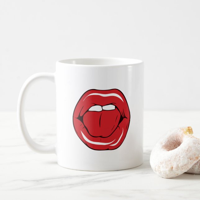Caneca De Café Texto Personalizado Lábios Vermelhos Divertidos Bo (Com Donut)