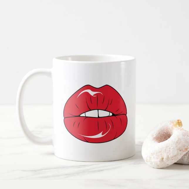 Caneca De Café Texto Personalizado Lábios Vermelhos Divertidos Bo (Com Donut)