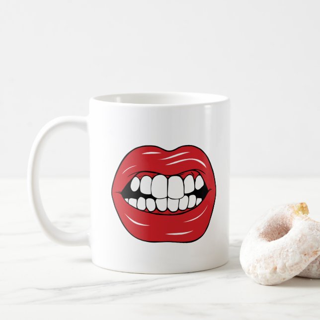 Caneca De Café Texto Personalizado Lábios Vermelhos Divertidos Bo (Com Donut)