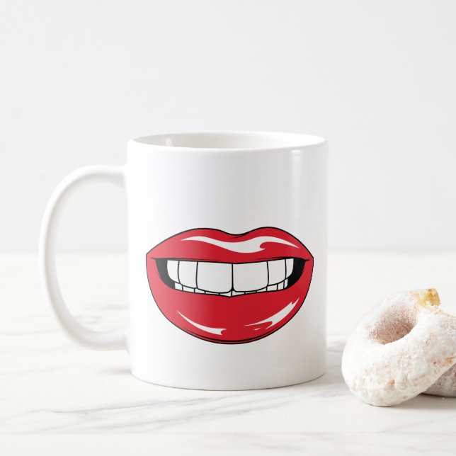 Caneca De Café Texto Personalizado Lábios Vermelhos Divertidos Bo (Com Donut)