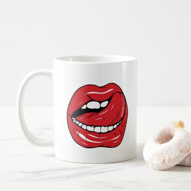 Caneca De Café Texto Personalizado Lábios Vermelhos Divertidos Bo (Com Donut)