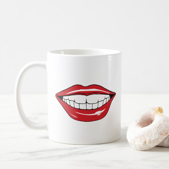 Caneca De Café Texto Personalizado Lábios Vermelhos Divertidos Bo (Com Donut)