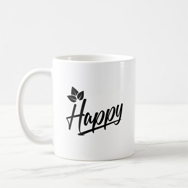 Caneca De Café Texto Simples "Feliz" Preto (Esquerda)