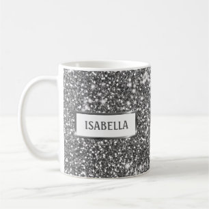 Caneca De Café Textura de Brilho Prateado Falso e Nome Personaliz