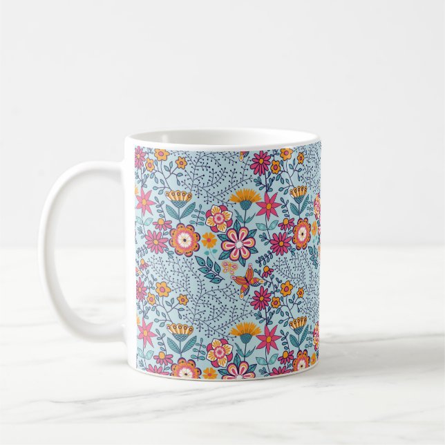 Caneca De Café Textura perfeita com flores e borboletas. Fim (Esquerda)
